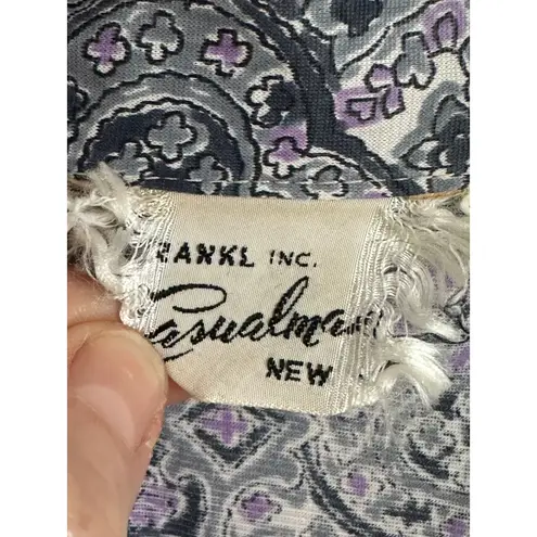 Vintage 70s Womens Dress Graphic Print Size M Gray Purple Day Dress Retro Blue