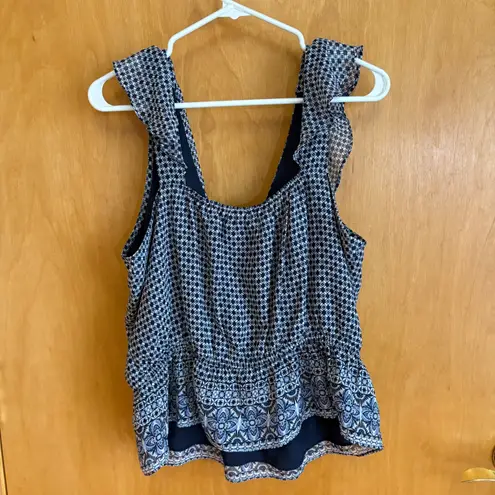 Evereve Womens Size XL navy White Geometric Ruffle Wrap Babydoll Top