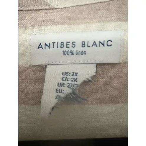 Antibes Blanc Linen Tunic Top Womens 2X Beige White Striped Roll Tab Sleeve Tan Size XXL