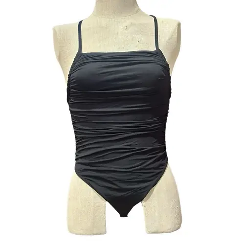 None Solid Black Ruched Square Neck Cheeky One-Piece Swimsuit Size Medium
