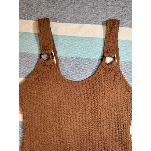 None NWOT Brown Smocked One-Piece Swimsuit with Tortoise Ring Detail - Size S
