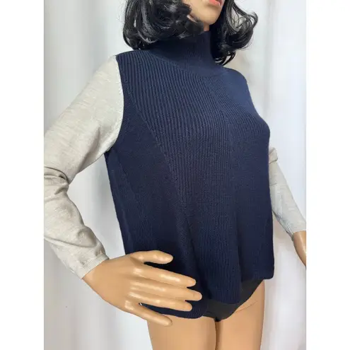 Karen Millen Mock Neck Wool Blend Sweater navy gray sleeves small