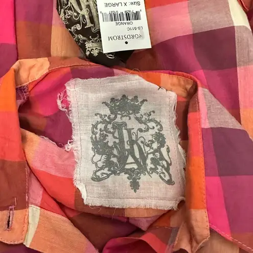 Jak Womens size XL Plaid Cotton Folklore 3/4 Sleeve Button Top Blouse NEW Pink