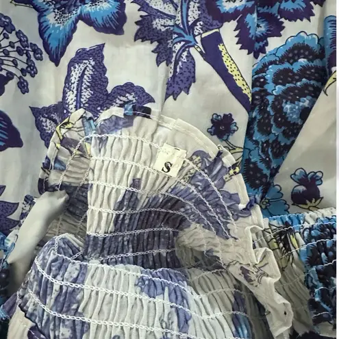 Smocked Blue and White Floral Bow Strap Maxi Dress Chinoiserie Style Small