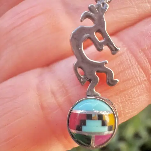 Sterling Silver Southwest Turquoise and other Stones Inlayed Kokopelli Pendant Nec