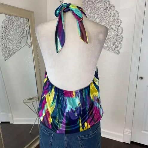 BCX Early 2000's Cinched Multi Colorful Satin High Neck Tie Halter Top L