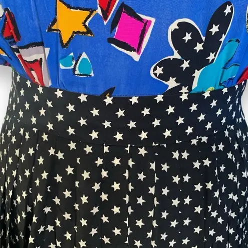 Vintage Rickie Freeman Dress Blue Black Pop Art Star Print Pleated Silk Midi Size 12