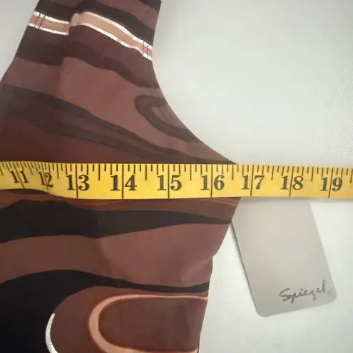 Vintage Spiegel One Piece Swimsuit Brown Silver Print Deep Plunge With Chain 14