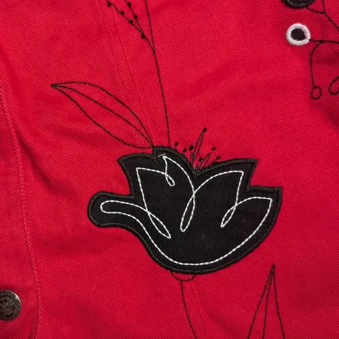 Vtg 1990s Quacker Factory Red Black Floral Applique Cotton Collared Jacket Sz M Size M