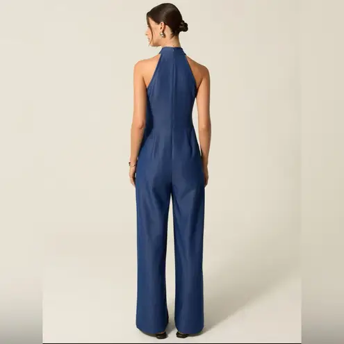 Commense Pocketed Halter Wide Leg Jumpsuit Blue Size M
