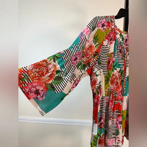 Bohemian Bright Floral Tunic Top Lightweight Stretch Blouse Ruffle Modest Office Pink Size L