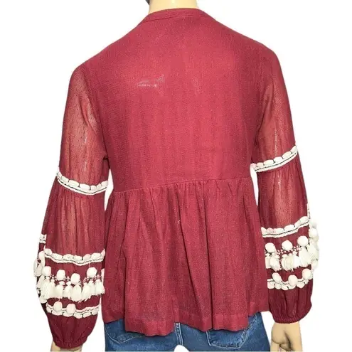 Antropologie Vineet Bahl Size S Burgundy White Nisha Pom Pom Peasant Cotton Top Red