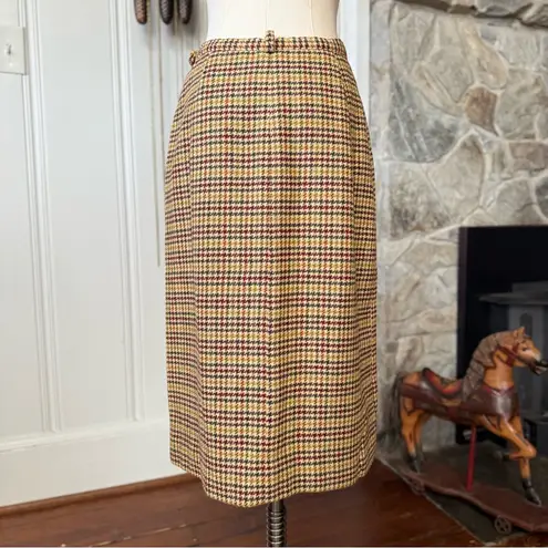 1960s Wool Houndstooth Plaid Vintage Shin Length Skirt Green Size 6