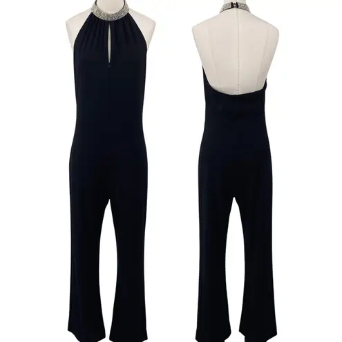 Vintage 90s Jumpsuit Embellished Rhinestone Choker Keyhole Neck Flared Leg Black Size M