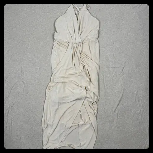 Mable Ruched Wrap Maxi Dress Beige Spaghetti Strap Halter Neck Size S