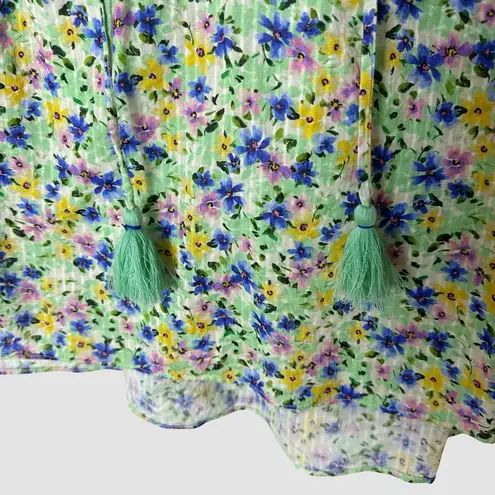 Shoshanna Kira Smocked Floral Tassel Peasant Top M Green Puff Sleeve