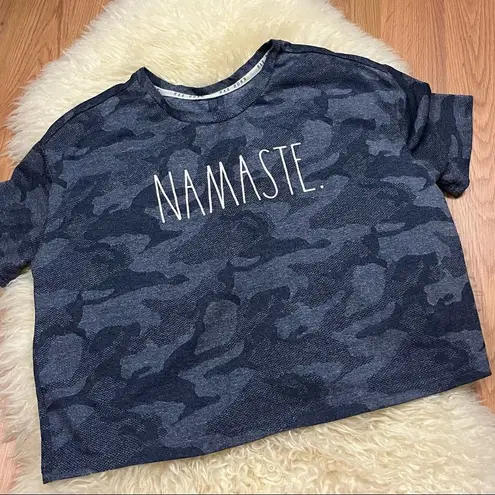 Rae Dunn Navy Camo NAMASTE Cropped Yoga Open Back Top M