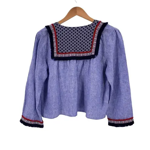 MISS LILLY Blue & White Stripe Embellished Folkloric Open Top/Cardigan Size S/M