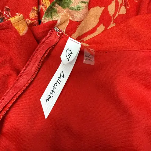 Ny Collection Women’s Red Floral Print Ruffle Knee Length Dress Size Large