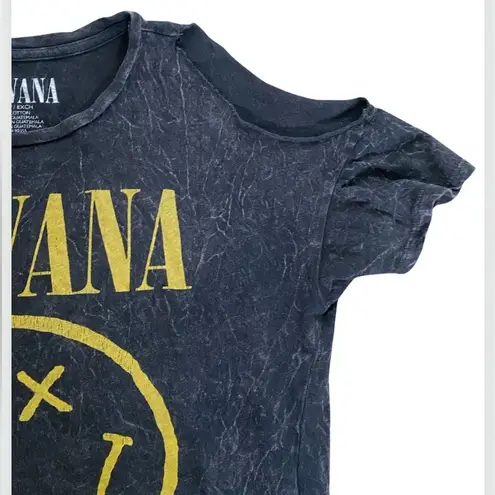 Nirvana 2017 Oversized Black Cut Out Acid Wash Yellow Smiley Face Tee Shirt XS