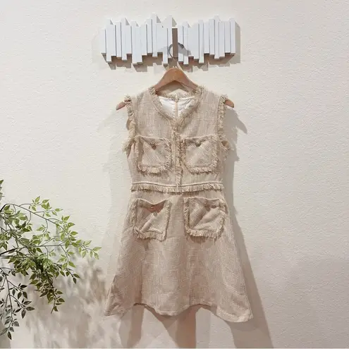J.ING Jing Beige Sweetheart Neck Sleeveless Tweed Mini Dress Size Small NWT Tan