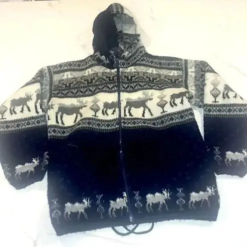 Artesanias Tuntaquimba Handmade Wool Moose Fair Isle Hoodie Sweater XS Blue