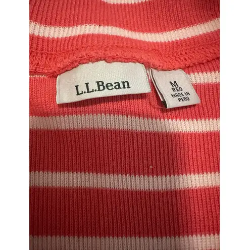 LLBean Striped Quarter Zip Pullover Sweatshirt Coral White Cotton Women's Med Pink