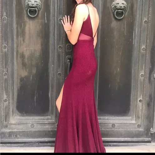 Sparkly maroon/burgundy long slit prom dress cross cross top Size 4