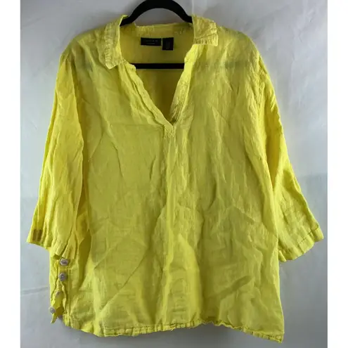 Tahari Linen Top Blouse Button Detail 3/4 Sleeve Yellow Womens 1X