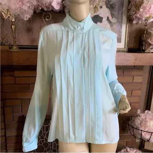VINTAGE 1990'S TAN JAY SEAFOAM GREEN PLEATED FRONT BLOUSE (10)