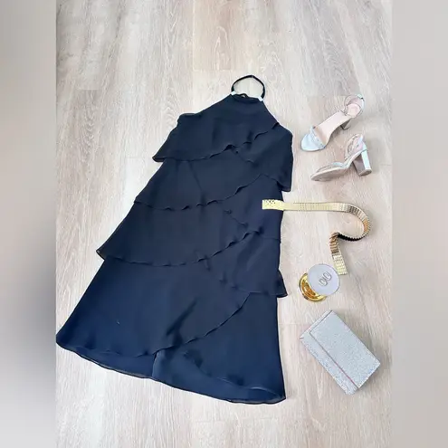 Daymor Couture Designer 100% Silk Dress, Luxury Black Tiered Halter Evening Gown Size 8