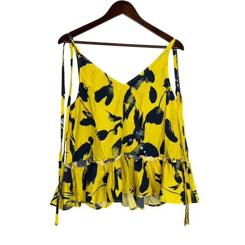 Jason Wu RTR Floral Sleeveless RuffleV Neck Top Tie Straps 10 Yellow Navy Blue