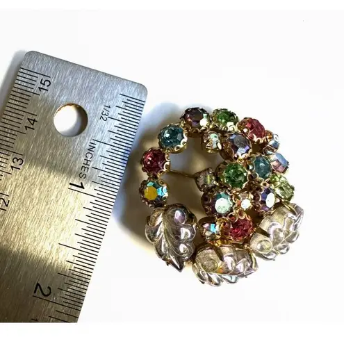 WEISS Molded Glass Leaves AB Rhinestone Wreath Brooch Vintage