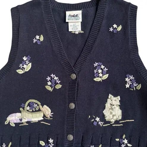 Northern Reflections Vintage Navy Embroidered Floral Knit Kitty Sweater Vest Lg