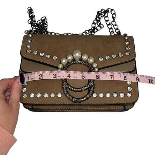 Unbranded Faux Suede Shoulder Bag Rhinestone Pearl Detail Chain Strap Brown Boho