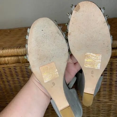 Anthropologie  Faryl Robin Gray Suede Wedges with Jeweled Open Toes Size 8