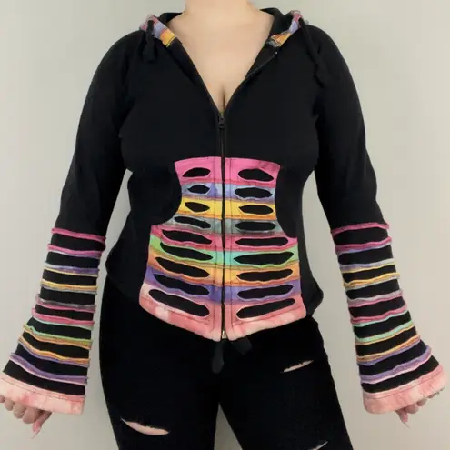 Y2K 90’s Black Rainbow Psychedelic Rip N Tear Wide Bell Sleeve Full Zip Hoodie Size L