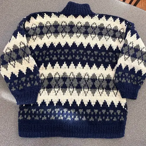 C.C.H. Imports 100% Virgin Wool Handmade Ecuador Chunky Knit Mock Neck Cardigan Blue Size L