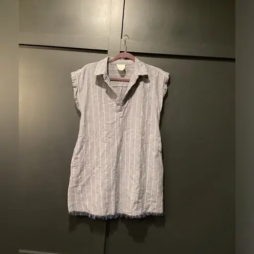 Harper Heritage blue cotton Chambray Frayed Hem Shirt shift casual mini dress S