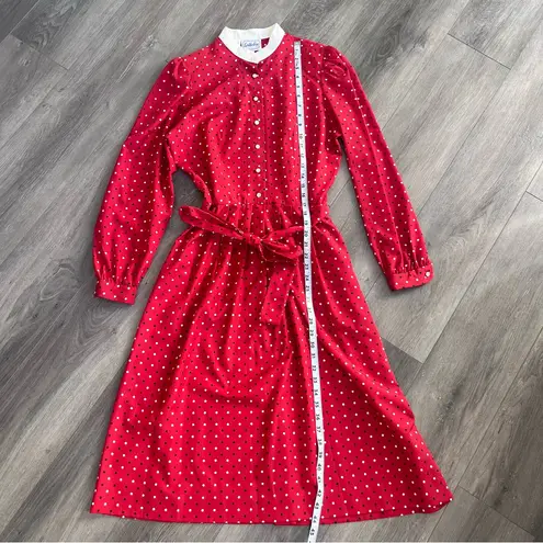 Leslie Fay Vintage Red Polka Dot Long Sleeve White Collar Midi Dress Belted 14