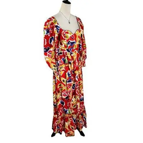 De Loreta Sweetheart Puff Sleeve Cotton Maxi Dress M | Vibrant Abstract Dopamine Red Size M