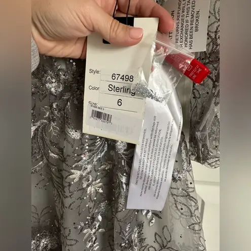 Mac Duggal Floral Embroidered Illusion Long Sleeve Gown Gray Sterling NWT
