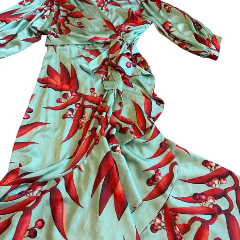 PatBo Mint Green Wrap Dress Puff Sleeves Cranberry Leaf Print Size 8 Women's