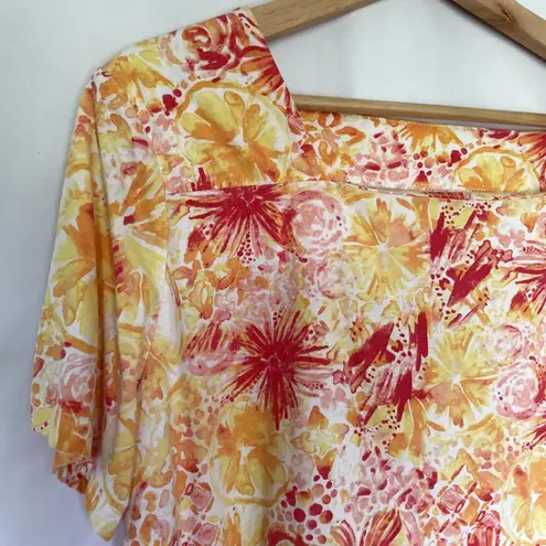 Coral Bay red and yellow floral cotton square neckline shirt women's size XL