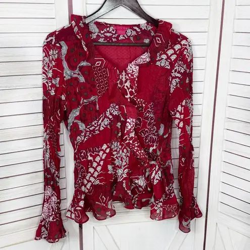 Sunny Leigh Ruffled Patchwork Floral Crinkle Chiffon Wrap Blouse Red Large