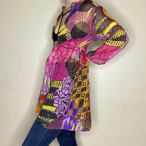 Creations Retro Colorful Abstract Sheer Tunic Swim Cover Blouse