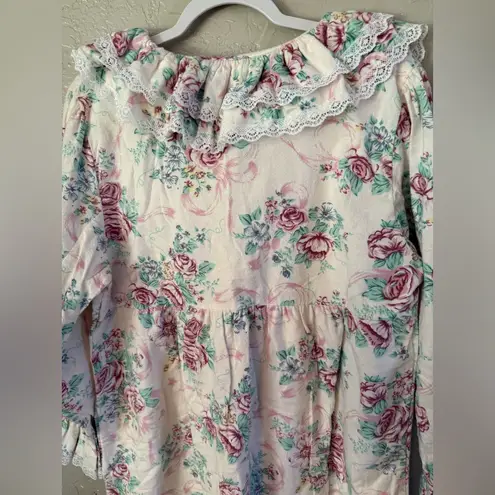 Vintage M PARTNERS Floral Flannel Nightgown 100% Cotton Lace Trim Long Sleeve L Pink Size L