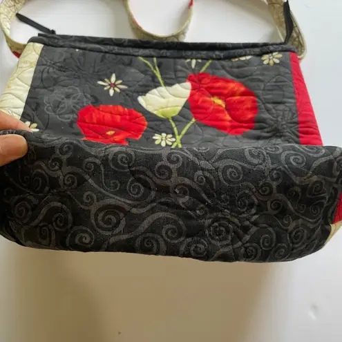 Quilted Floral Poppy Print Shoulder Bag Zipper Closure Handmade Purse Artsy Black