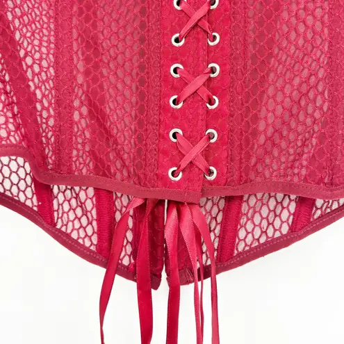 Womens Red Punk Mesh Corset Boned Lace Up Back Strapless Bustier Top Size S