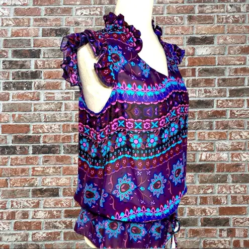 Ali & Kris sheer blue & purple floral, ruffled top / S / Excellent condition